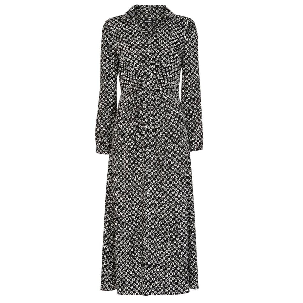 Whistles Midi Dress Black & White Landmark Print Shirt Style Long Sleeve